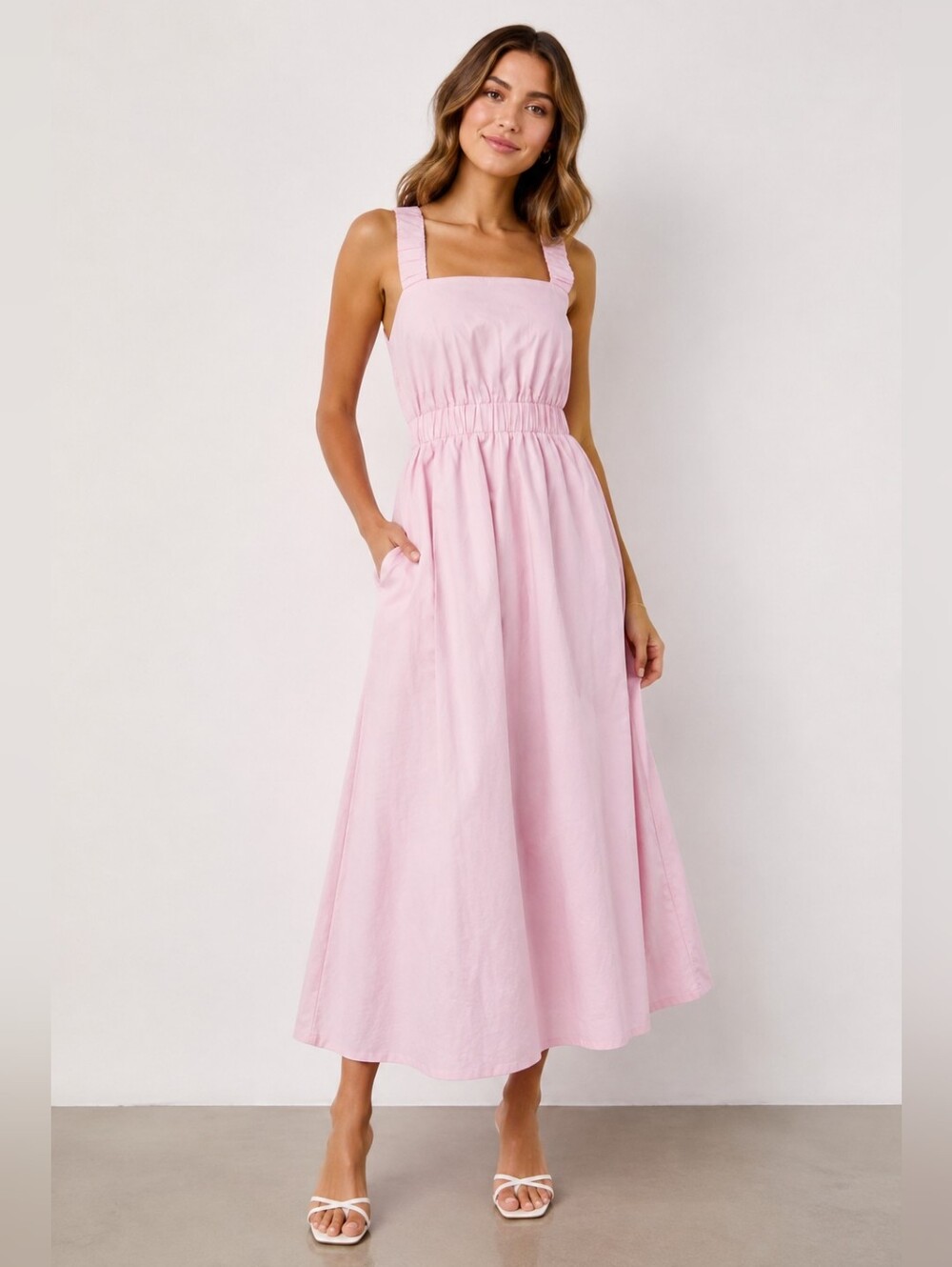 Minkpink Lora Baby Pink Cotton Cross Back Midi Dress M Nwt